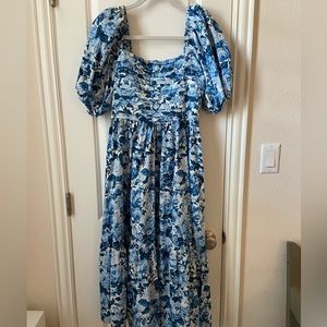 Emerson Poplin Puff Sleeve Midi Dress blue and white
